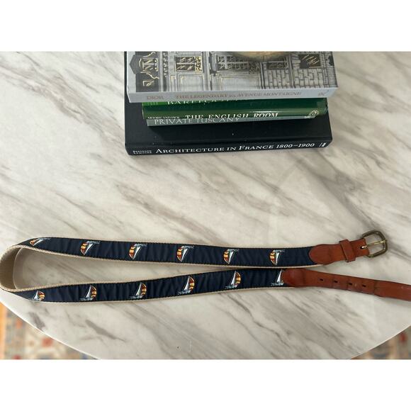 Leather Man Ltd Navy Made in Connecticut Sailboat & Brown Leather Belt (42) - Picture 2 of 7